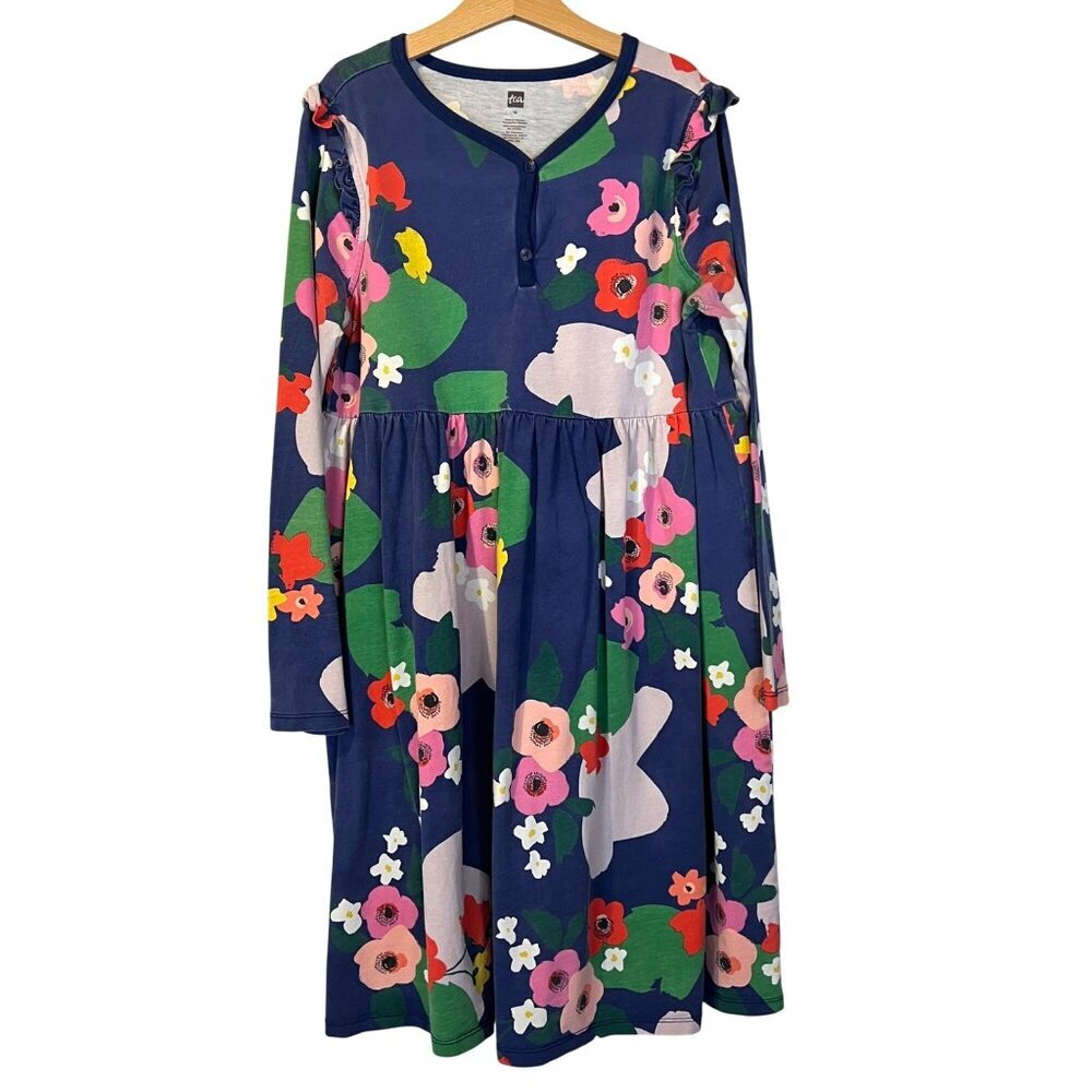 Tea Collection Girls Floral Print Long Sleeve Dress‎ 16 Blue Cotton Casual